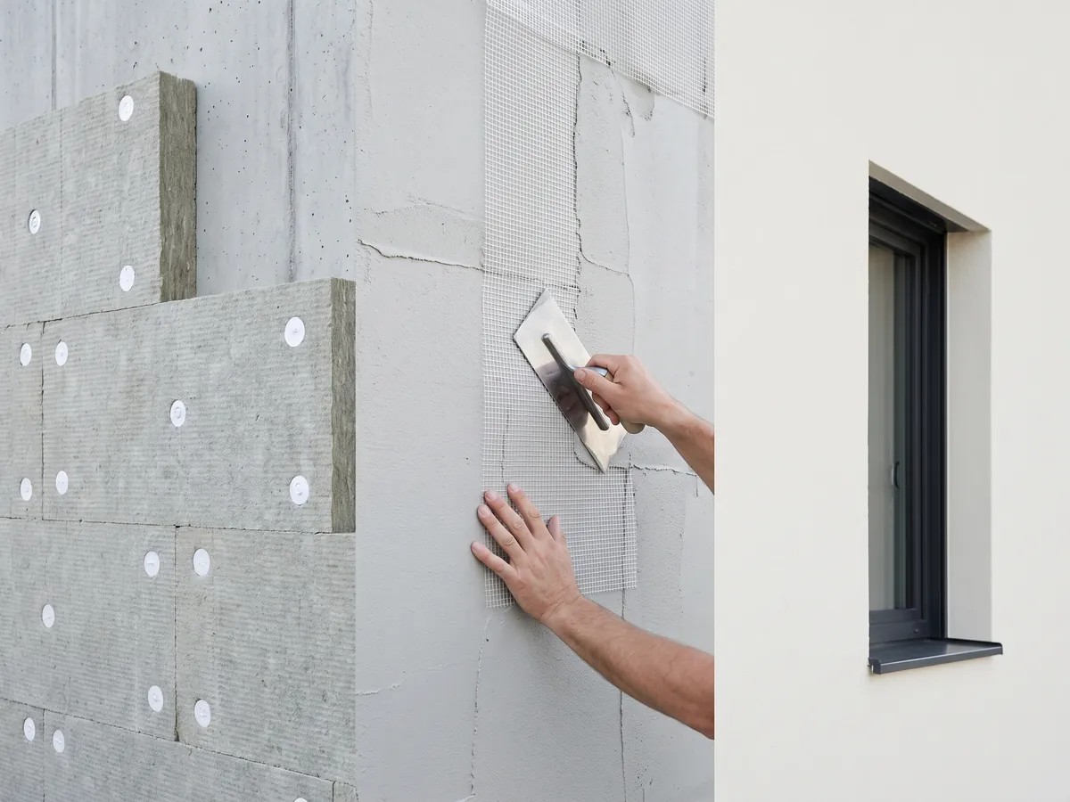 Wärmedämmverbundsystem im Bau: gedübelte Mineralwolleplatten im Versatz, Hände spachteln Armierungsgewebe in den Unterputz, daneben fertiger Oberputz