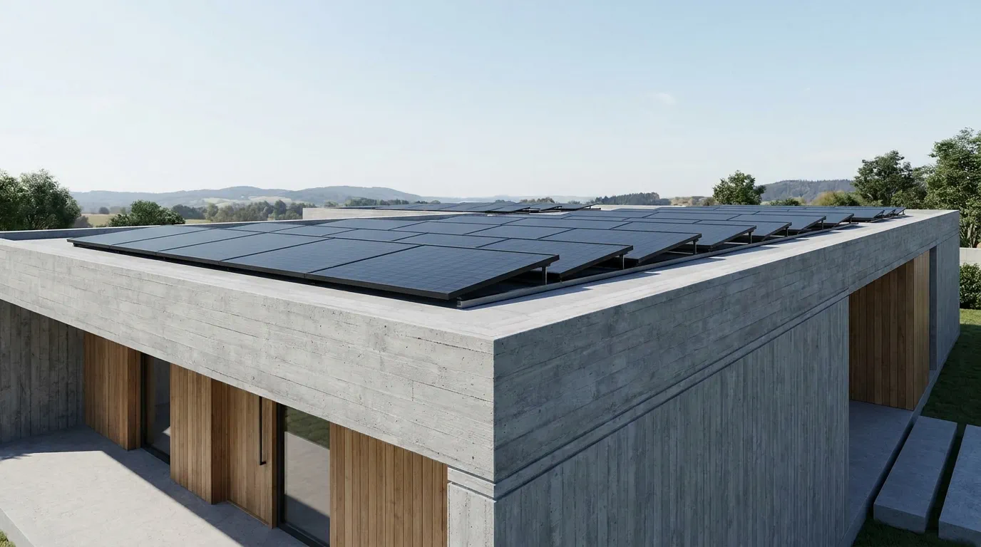 Aufgeständerte Photovoltaikmodule in Reihen auf einem Flachdach