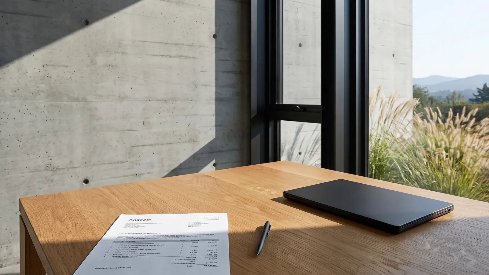 Ausgedrucktes Handwerkerangebot, Stift und Laptop auf einem Holztisch vor einer großen Fensterfront
